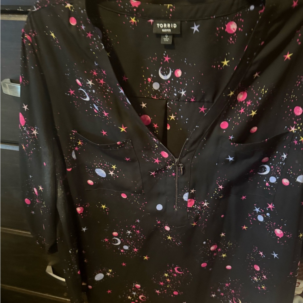 Torrid Black Blouse with Pink and Purple Celestial Print